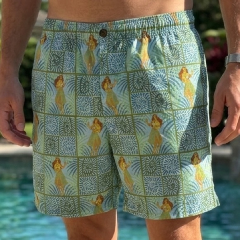 Tommy Bahama Hula Girl Swim Trunks S Blue Green Geometric Mesh Lined Nylon T9318 - Picture 1 of 15